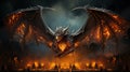 bat daemon dragon wings fire with burning wings and flying particles black background. generative ai