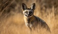 Bat-eared fox standing in the middle of an open savannah large ears perked up listening for prey or predators. The fur is sandy