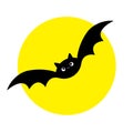 Bat flying. Happy Halloween. Big yellow moon. Cute cartoon kawaii funny baby animal charater. Black silhouette. Greeting card Royalty Free Stock Photo