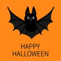 Bat flying. Happy Halloween. Cute cartoon character with big open wing, ears and legs. Black silhouette. Forest animal Royalty Free Stock Photo