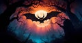 a bat flying over some trees and a full moon in the background