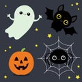 Bat, Ghost Spirit, Spider Web, Pumpkin With Face. Happy Halloween. Cute Cartoon Kawaii Funny Baby Character Set. Yellow Stars.