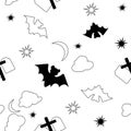 Bat,graveyard crosses, clouds, gravestones,moon on a white background Cute.