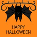 Bat hanging. Happy Halloween. Cute cartoon character with big wing, ears and legs. Black silhouette. Forest animal. Flat design. O