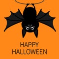 Bat hanging on rope. Happy Halloween. Cute cartoon baby character with big open wing, ears, legs. Black silhouette. Forest animal. Royalty Free Stock Photo