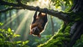 Adorable Flying Fox Hanging Upside Down on Mossy Tree Branch in Sunlight Royalty Free Stock Photo