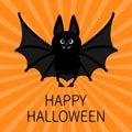 Bat Happy Halloween. Cute cartoon character with big open wings. Black silhouette. Flat design. Orange starburst background. Greet Royalty Free Stock Photo