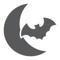 Bat and moon glyph icon, halloween and horror, night sign, vector graphics, a solid pattern on a white background.