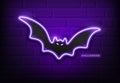 Bat neon light purple, happy halloween concept design,on block wall black background