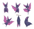 Bat. Night wild flying scary animals mouse vampire funny cute mammals with wings exact vector illustration set