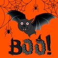 Bat on an orange background, windy illustration, spiders weave a web, BOO !, inscription Royalty Free Stock Photo