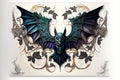 a bat with ornate wings and a flowery design on it\'s chest and back, with a white background and a white border around th