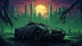 Post-apocalyptic City Landscape With Bat On Broken Car - Anime Style Vector Art