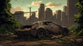 Post-apocalyptic Cityscape: Bat On Broken Car In Anime Style