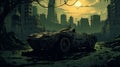 Post-apocalyptic Anime Art: Bat Stands On Broken Car In Overgrown City