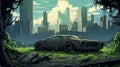 Post-apocalyptic Anime Art: Bat Stands On Broken Car In Overgrown City