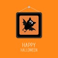 Bat in picture frame on nail. Happy Halloween card. Orange background Flat design Royalty Free Stock Photo
