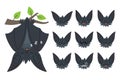 Bat sleeping, hanging upside down on branch. Animal emoticon set. Illustration of bat-eared grey creature with closed