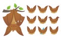 Bat sleeping, hanging upside down on branch. Animal emoticon set. Illustration of bat-eared brown creature with closed Royalty Free Stock Photo