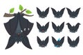 Bat sleeping, hanging upside down on branch. Animal emoticon set. Illustration of bat-eared grey creature with closed