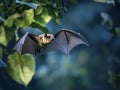 Bat soaring through lush greenery with wings extended capturing its flight Royalty Free Stock Photo
