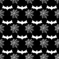 Bat and spiderweb, black and white seamless halloween style texture