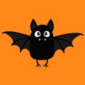 Bat vampire. Happy Halloween. Cute cartoon baby character with big open wing, ears, legs. Black silhouette. Forest animal. Flat de Royalty Free Stock Photo