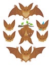 Bat in various poses. Flying, hanging. Brown bat-eared snouts with different emotions. Illustration of modern flat