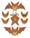 Bat in various poses. Flying, hanging. Brown bat-eared snouts with different emotions. Illustration of flat animal