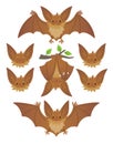 Bat in various poses. Flying, hanging. Brown bat-eared snouts with different emotions. Illustration of modern flat