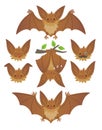 Bat in various poses. Flying, hanging. Brown bat-eared snouts with different emotions. Illustration of modern flat