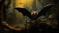 Dark And Brooding Forest: A Hyperrealistic Illustration With A Flying Bat