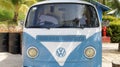 Batam, Indonesia - November 1, 2023: 1973 VW white blue Volkswagen Vans front view