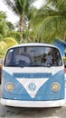 Batam, Indonesia - November 1, 2023: 1973 VW white blue Volkswagen Vans front view