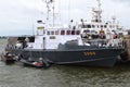 Batam, Riau Islands Indonesia - November 20, 2022: Indonesian police patrol vessel docking at the Harbor Bay Batam