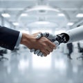 AI Generated Image. Human hand and robotic hand shaking, sleek white design, blurred office background, professional photography Royalty Free Stock Photo
