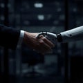 AI Generated Image. Human hand and robotic hand shaking, sleek white design, blurred office background, professional photography Royalty Free Stock Photo
