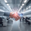AI Generated Image. Human hand and robotic hand shaking, sleek white design, blurred office background, professional photography Royalty Free Stock Photo