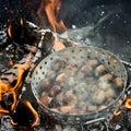 Batch of fresh chestnuts sizzling over a hot fire Royalty Free Stock Photo
