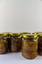 Batch of home made marrow chutney jars, portrait copyspace