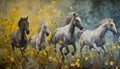Batch of horses running in flowered scene Royalty Free Stock Photo