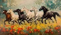 Batch of horses running in flowered scene