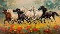 Batch of horses running in flowered scene Royalty Free Stock Photo