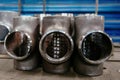 Batch of T shape pipe parts in factory
