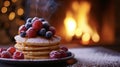 A batch of warm pancakes topped with vibrant berries provides a delectable contrast to the cold winter air outside