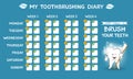 Toothbrushing diary - dental calendar for kids, stomatology planner for children. Tooth care banner. Week starts Monday.