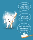 Instruction for kids how to properly brush your teeth - dentist`s advice. Tooth care poster for children on blue background