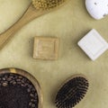 Bath accessories as coffee scrub, brush Royalty Free Stock Photo