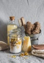 Bath accessories - homemade sea salt with calendula, natural shampoo, brush, washcloth, pumice, homemade oat soap. Health, beauty Royalty Free Stock Photo