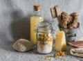 Bath accessories - homemade sea salt with calendula, natural shampoo, brush, washcloth, pumice, homemade oat soap. Health, beauty Royalty Free Stock Photo